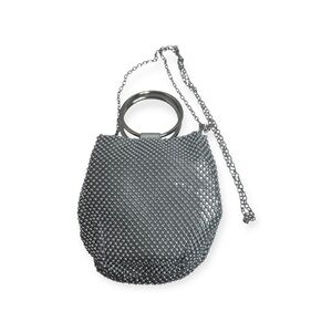 Jessica McClintock Elegant Silver Metal bag with rings and long chain strap